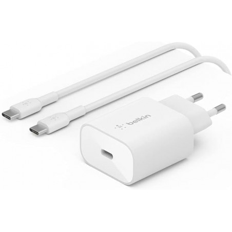 WCA004VF1MWH-B6 - Belkin Chageur secteur 25W PD avec câble de 1M inclus USB-C vers USB-C