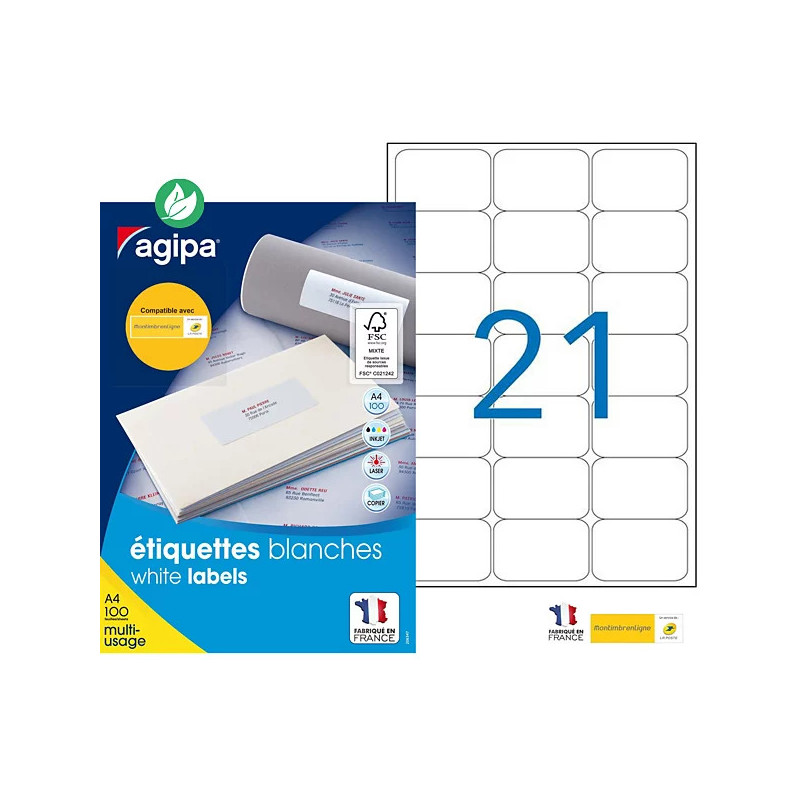 APLI Etiquettes blanches multi usage format 63,5 x 38,1 mm, 100 planches A4 - 21 étiquettes