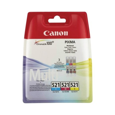 521 - Pack x 3 Cart. Encre Marque Canon CLI-521, 2934B010 - Cyan Magenta Jaune